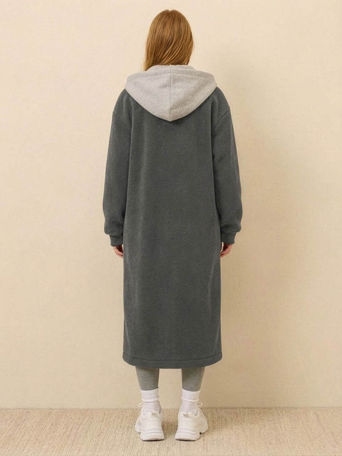 Everyday Wear Oversized Coat in gray with cozy sherpa lining and relaxed fit shown from back.