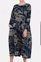 Blue Japanese porcelain print midi dress with 3/4 sleeves and oversized pockets