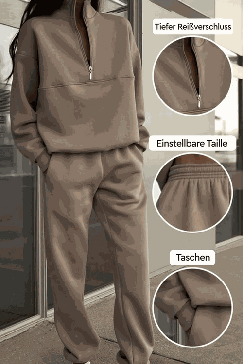 Classic Airplane Set brown two-piece cotton blend tracksuit with high collar zipper, adjustable waist joggers, and pockets