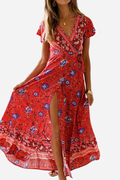 Bohemian Floral Print Wrap Dress