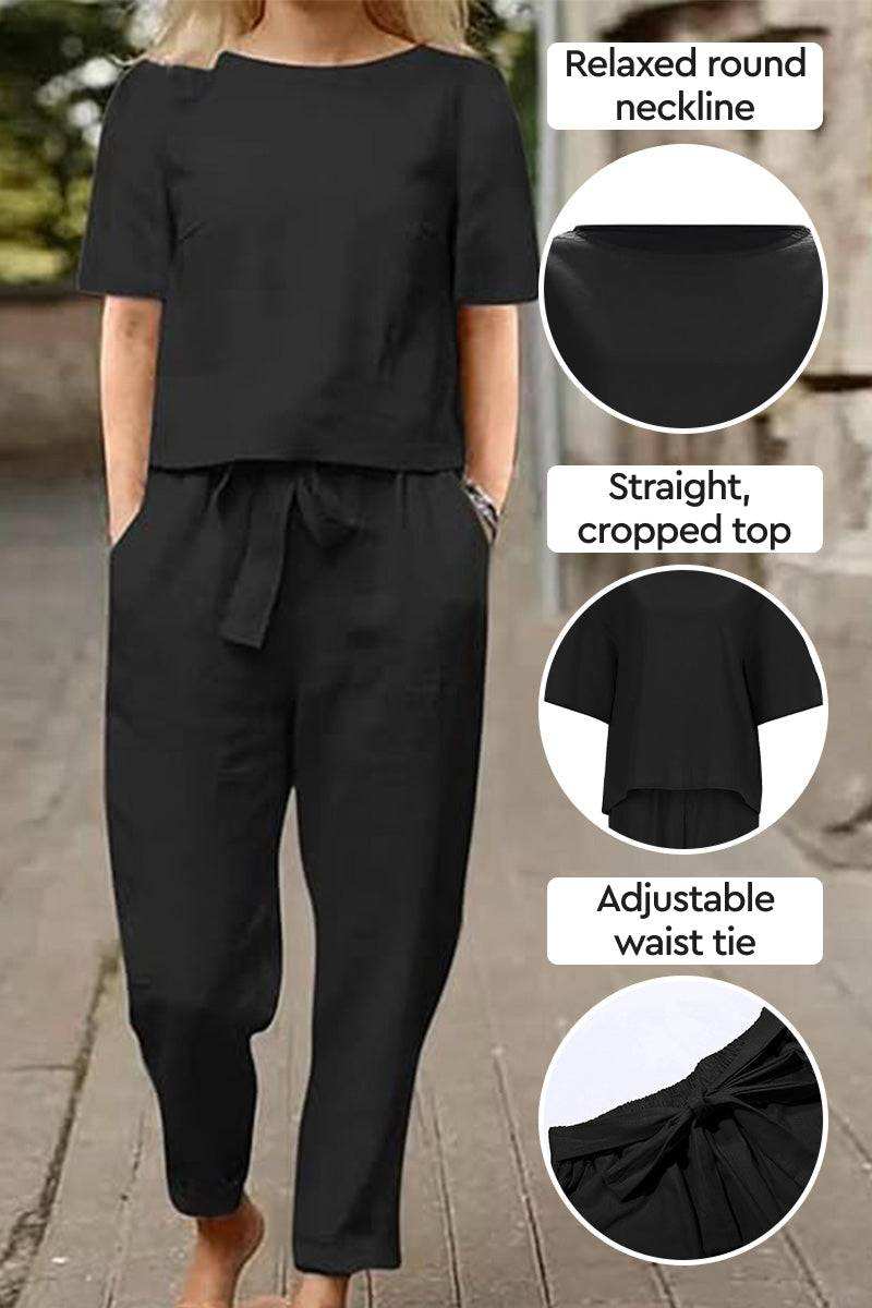 Cotton-linen blend monochrome two-piece set showcasing soft breathable fabric and relaxed fit for all-day comfort
