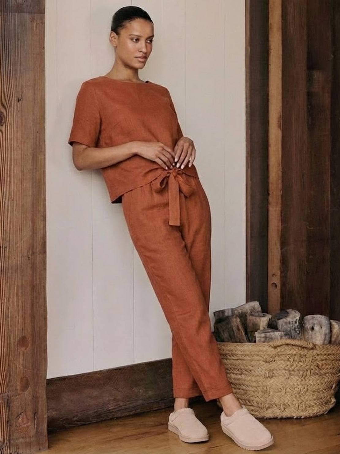 Cotton-linen blend monochrome two-piece set with breathable, soft fabric and relaxed fit for all-day comfort