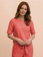 Cotton linen monochrome relaxed short-sleeve top with natural texture and breathable fabric