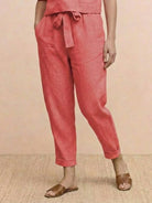 Breathable cotton linen set with relaxed short-sleeve top and straight-leg pants in monochrome tones