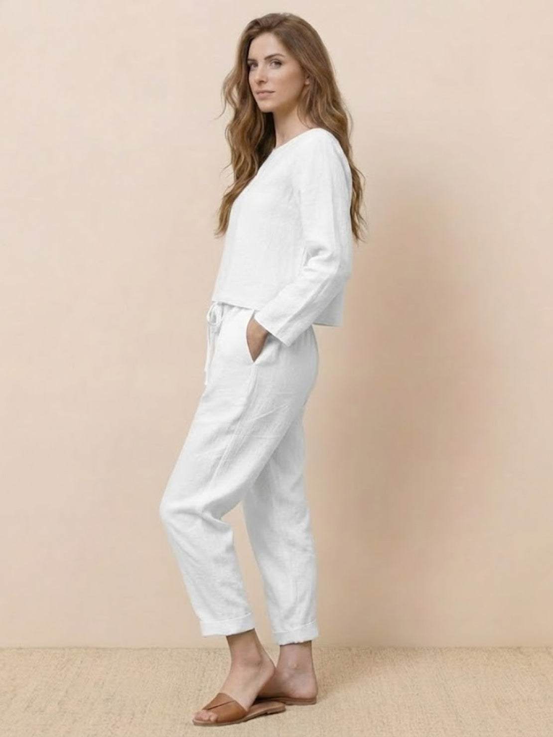 Cotton-linen monochrome two-piece set with relaxed longline top and wide-leg pants