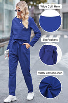 Woman wearing a cobalt blue cotton-linen monochrome set with wide cuff hem, big pockets, and relaxed fit pants in outdoor setting