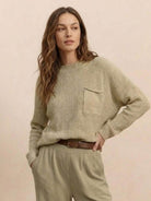 European minimalism relaxed khaki knit sweater top and trouser set with pocket detail