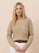 European Minimalism relaxed khaki knit sweater top with pocket paired with light drapey trousers set