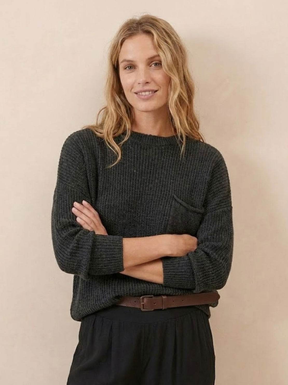 European Minimalism relaxed knit sweater top in charcoal gray with pocket detail