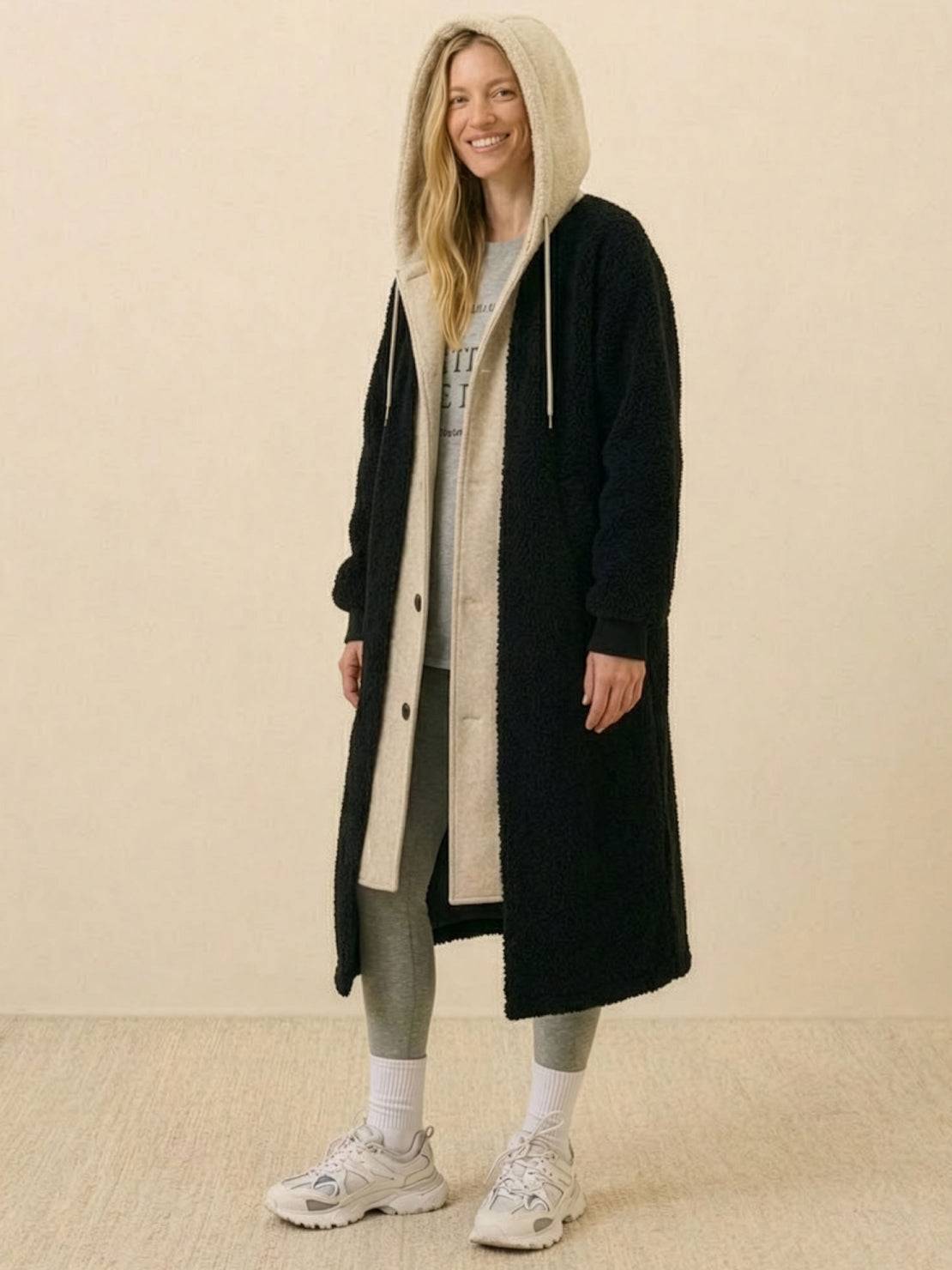 Everyday wear oversized black sherpa long coat with cozy lining and flattering silhouette
