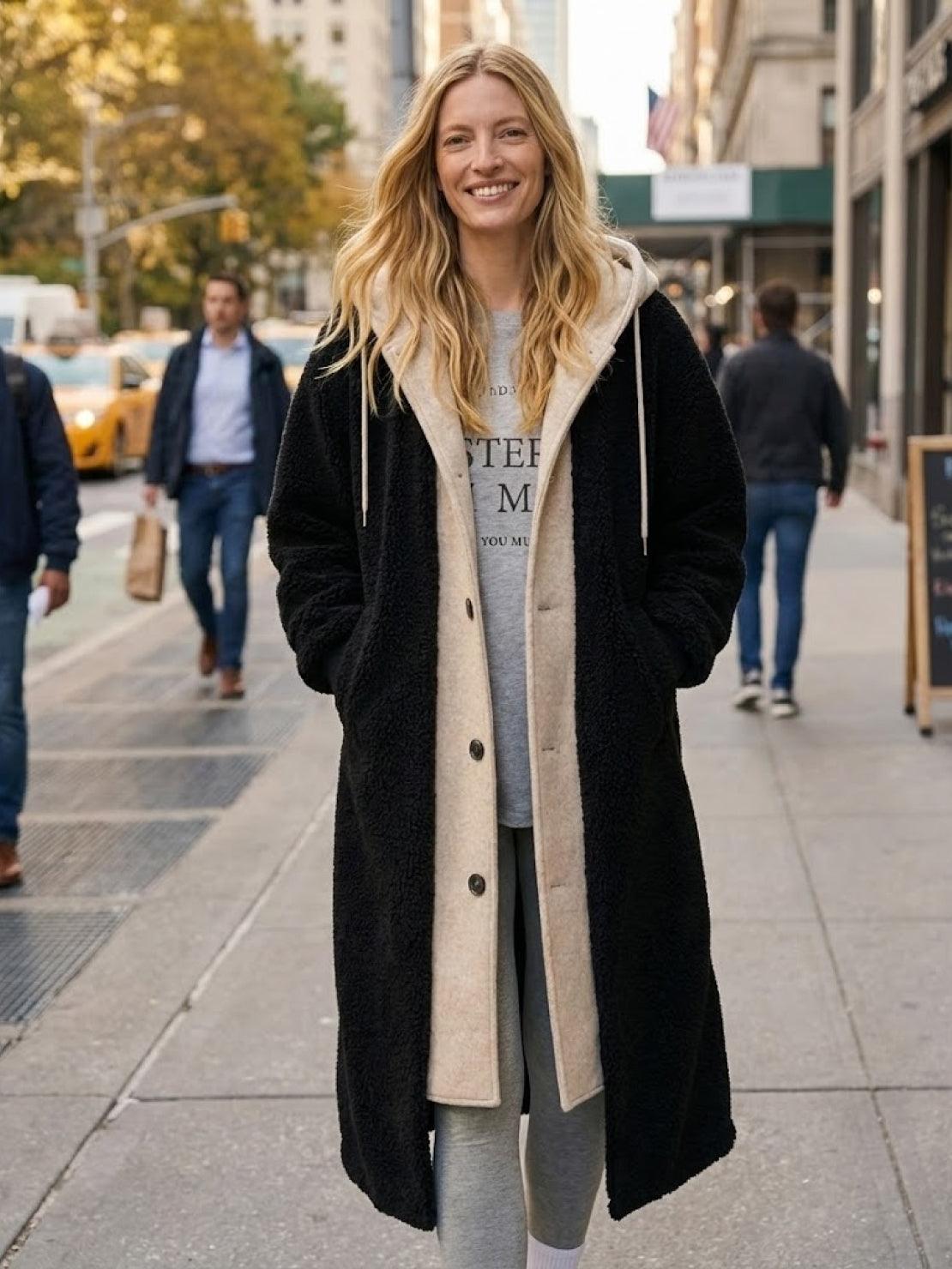 Everyday wear oversized sherpa long coat with cozy lining and flattering silhouette
