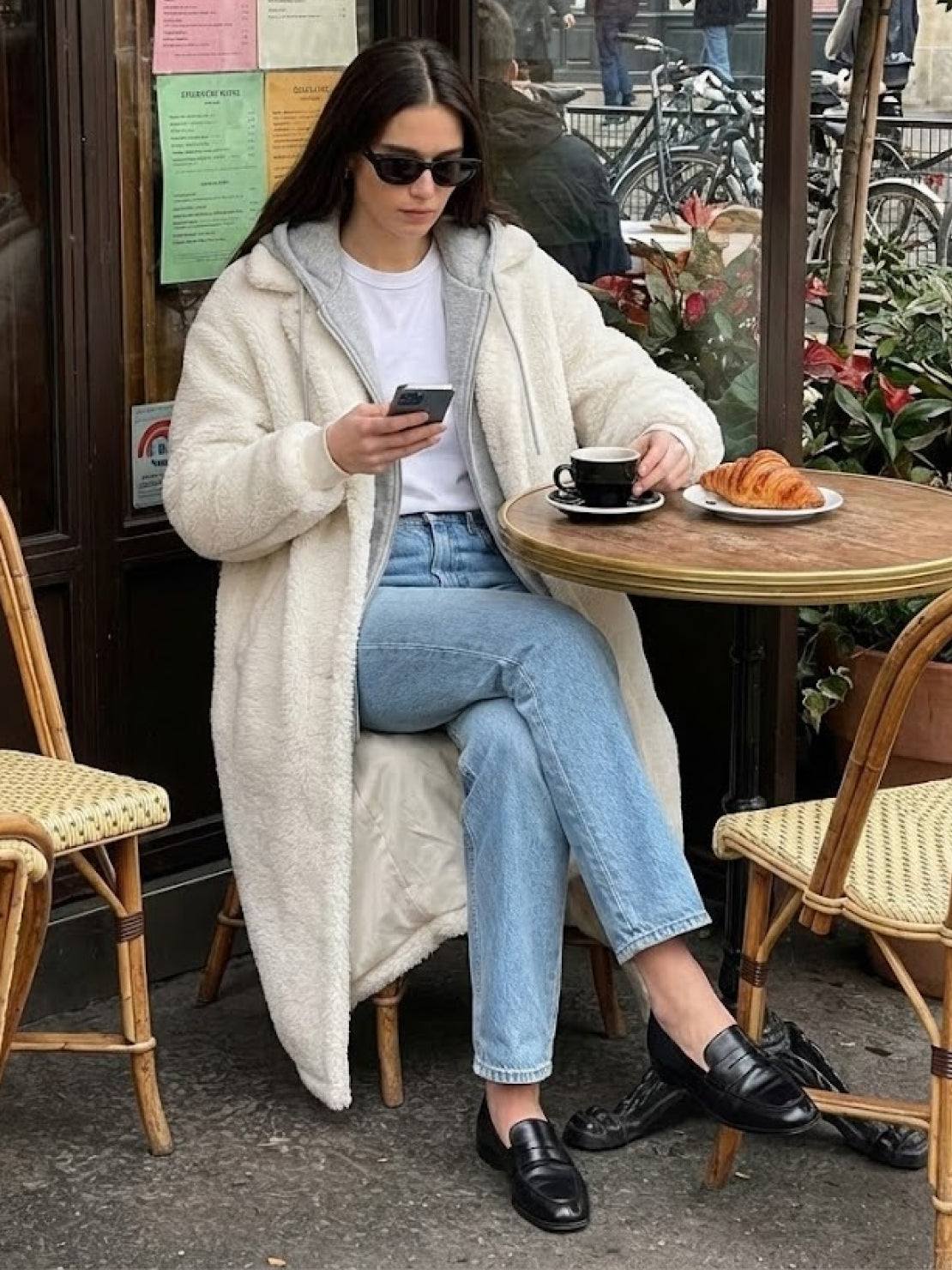 woman wearing cozy oversized sherpa long coat sitting at outdoor cafe with coffee and croissant Everyday Wear Oversized Coat