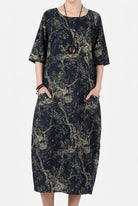 Blue Japanese porcelain print midi dress with 3/4 sleeves and oversized pockets