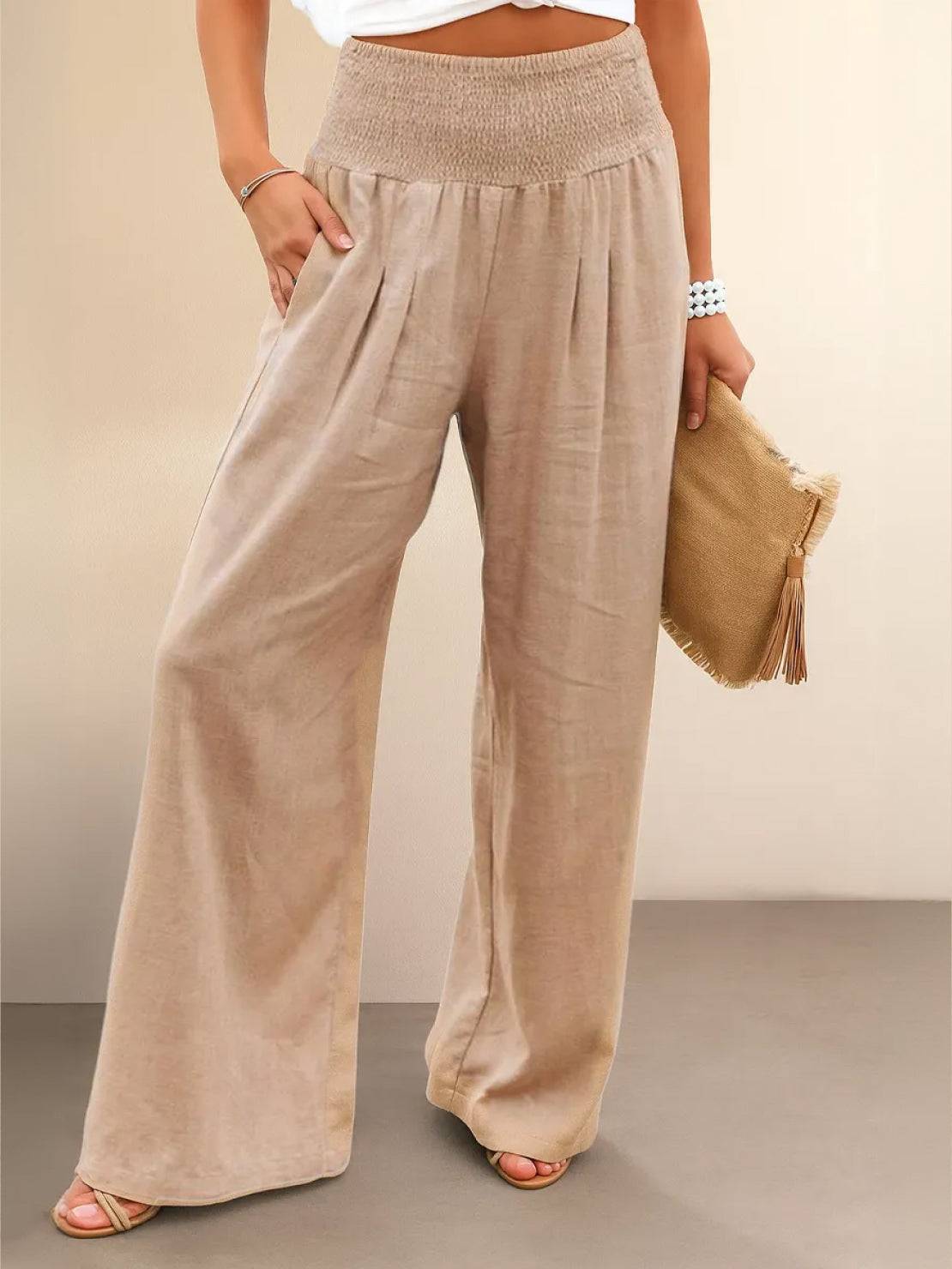 beige high-waist palazzo pants made of breathable linen cotton blend with wide legs and pockets