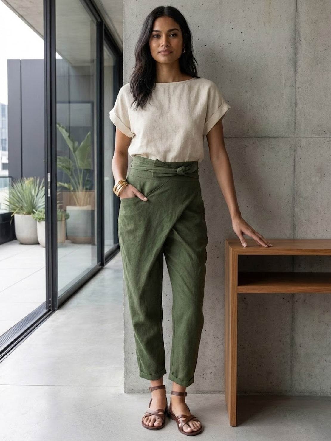 High-waist wrapped comfy pants with breathable fabric and unique wrap design for casual style