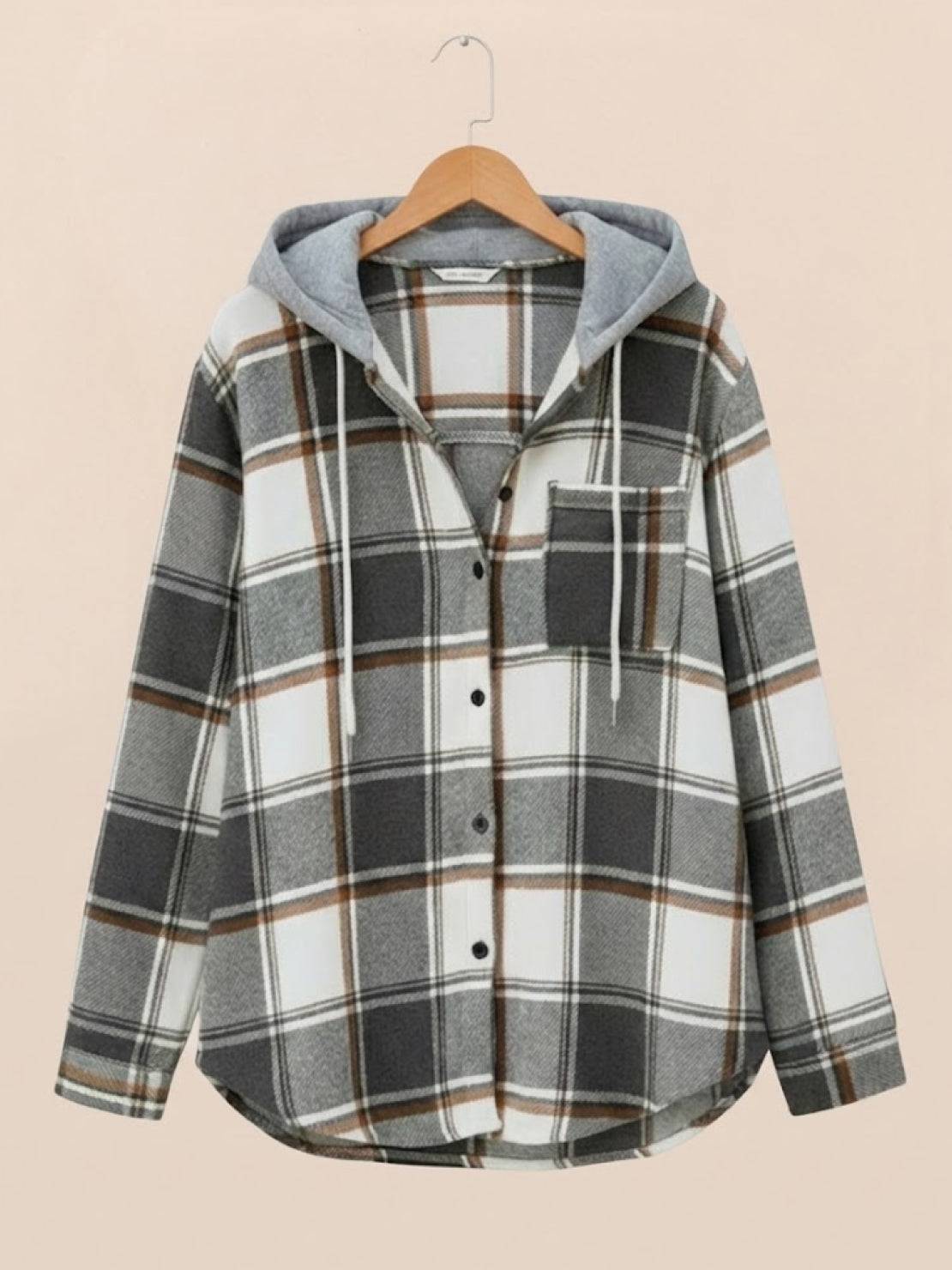 Highland Plaid Shacket with relaxed fit, fleece lining, attached hood, and button-front closure in classic plaid pattern