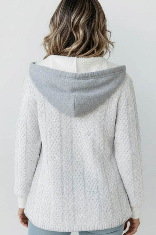 Back view of woman wearing a white knit hooded Highland Plaid Shacket with soft fleece lining and relaxed fit