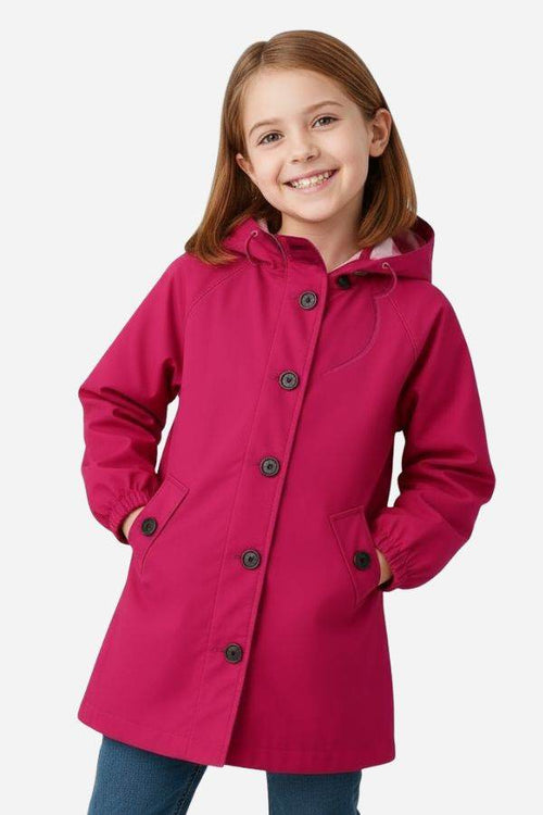 Junior water resistant oversized hooded windbreaker rain jacket for kids in bright pink polyester