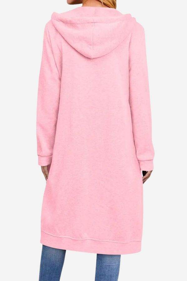 Back view of oversized long zip sweatshirt hoodie in pink with hood and long sleeves.