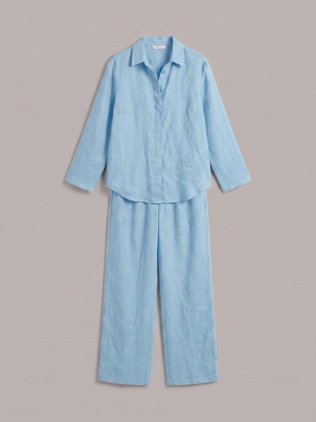 Woman wearing oversized 100% cotton shirt and wide-leg pants co-ord set in relaxed fit