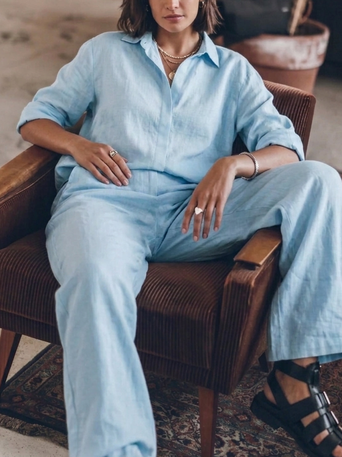 Model wearing oversized 100% cotton shirt and wide-leg pants co-ord set in relaxed fit