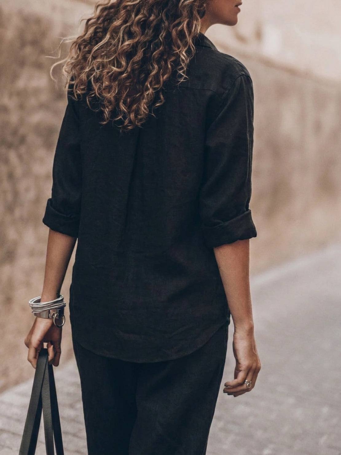 Model wearing oversized 100% cotton shirt and wide-leg pants co-ord set in relaxed fit and breathable fabric