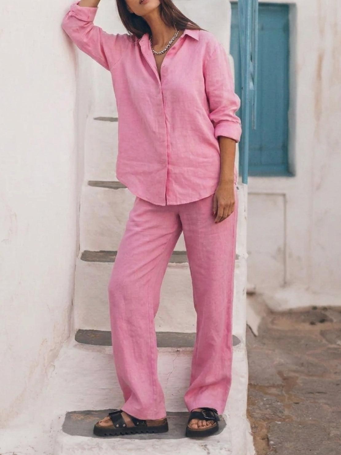 Model wearing oversized 100% cotton shirt and wide-leg pants co-ord set for breathable, relaxed style