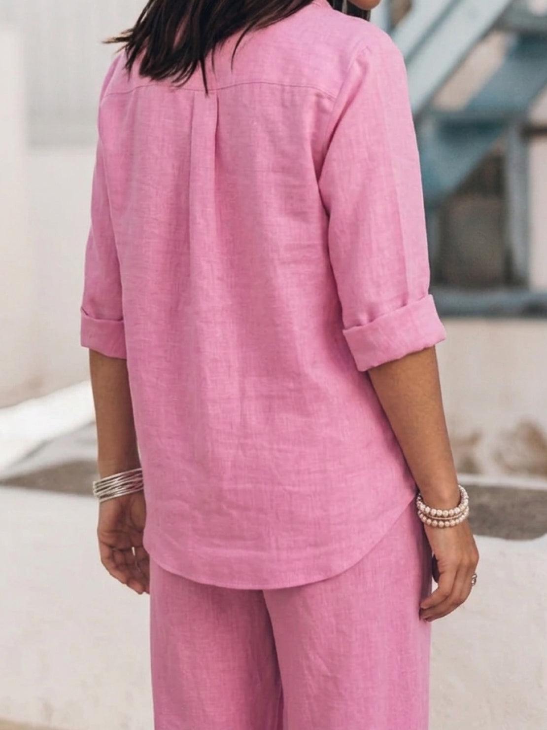 Model wearing an oversized 100% cotton shirt with wide-leg pants co-ord set in a relaxed, breathable fit