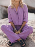 Model wearing oversized 100% cotton shirt and wide-leg pants co-ord set in relaxed fit