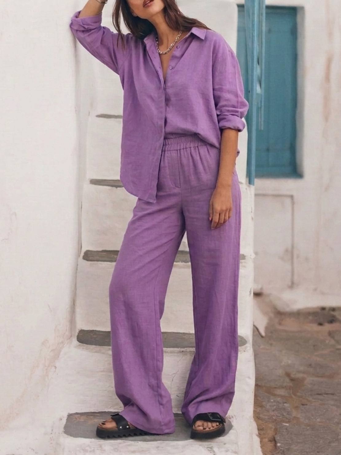 Model wearing oversized 100% cotton shirt and wide-leg pants co-ord set in relaxed fit and breathable fabric