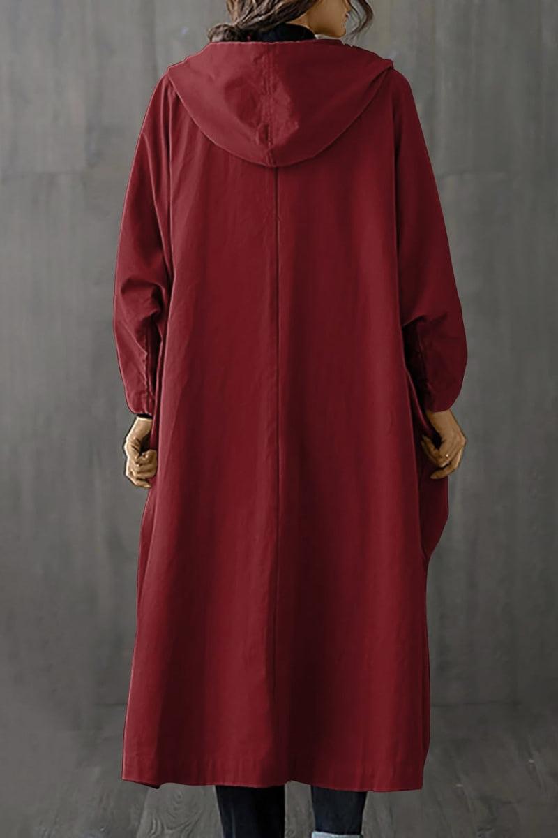 Heritage windbreaker jacket in oversized cut with attached hood and longline design in deep red color