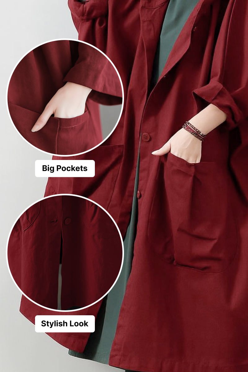 Oversized one-size Heritage Windbreaker Jacket in red with large pockets and snap-button closure for versatile layers