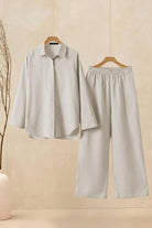 Oversized 100% cotton shirt and wide-leg pants co-ord set in light beige breathable fabric