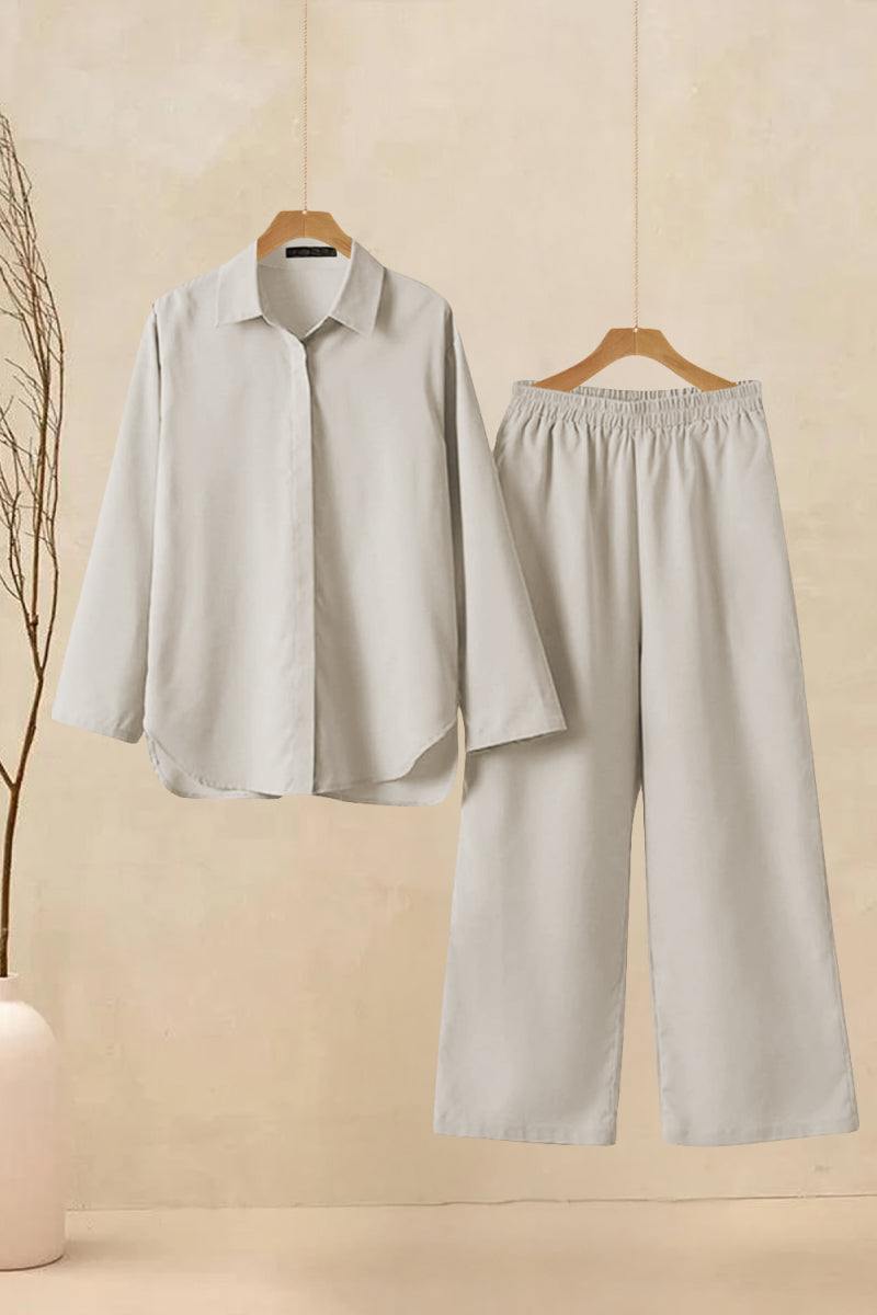 Oversized 100% cotton shirt and wide-leg pants co-ord set in light beige breathable fabric