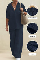 Oversized 100% cotton shirt and wide-leg pants co-ord set in navy blue with collared neck, button-up front, and pockets for breathable comfort and relaxed style