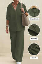 Oversized 100% cotton shirt with collared neck and button-up front paired with wide-leg pants featuring pockets in dark green co-ord set