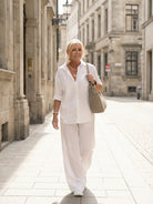 Woman wearing oversized 100% cotton shirt and wide-leg pants co-ord set in relaxed fit