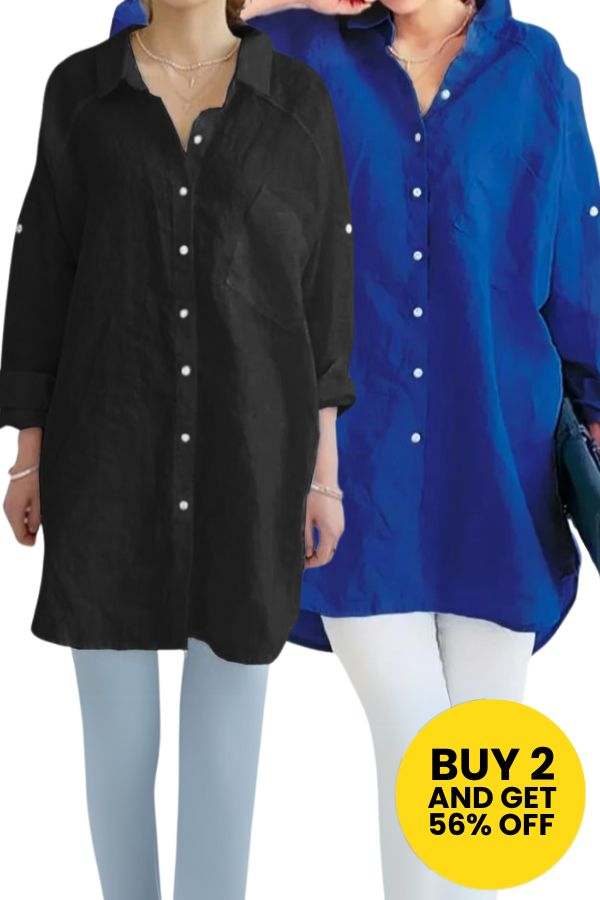 Two oversized linen shirts in black and blue, worn with rolled-up sleeves and white pants, promoting a bundle discount offer