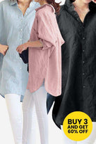 Women wearing oversized linen shirts in blue, pink, and black colors with long sleeves and relaxed fit.