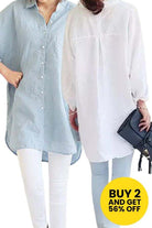 two oversized linen shirts in light blue and white colors, breathable and wrinkle-resistant, styled casually with white pants and purse, bundle offer with 56% discount