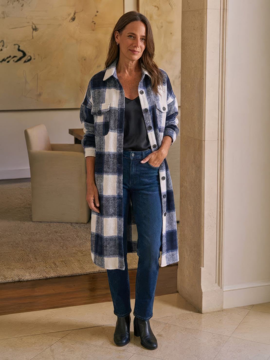 Oversized medium-length blue plaid overshirt in wool-blend fabric with functional pockets and relaxed fit