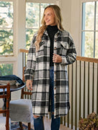 Oversized medium-length blue plaid wool-blend shacket with relaxed fit and pockets