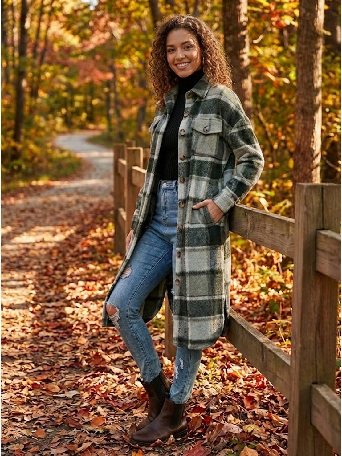 Oversized medium-length blue plaid overshirt wool-blend jacket with relaxed fit and functional pockets