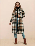 Oversized medium-length blue plaid wool-blend overshirt with relaxed fit and functional pockets