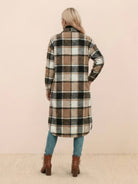 Oversized medium-length blue plaid overshirt wool blend with functional pockets and relaxed fit