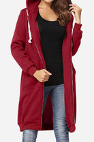 women's oversized long zip sweatshirt hoodie in red with fleece lining and front pockets