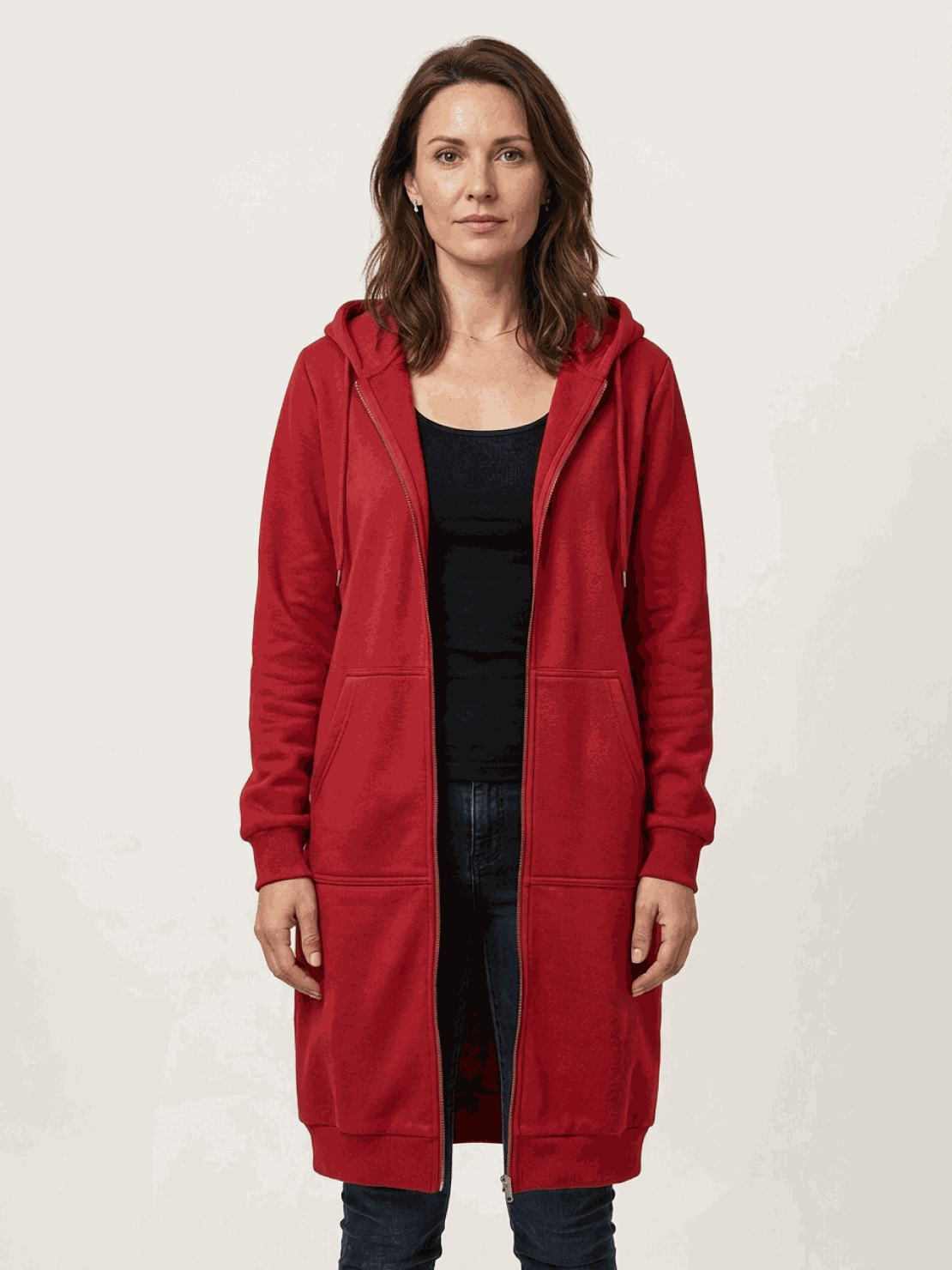 Oversized long zip sweatshirt hoodie with fleece lining and front pockets for casual layering