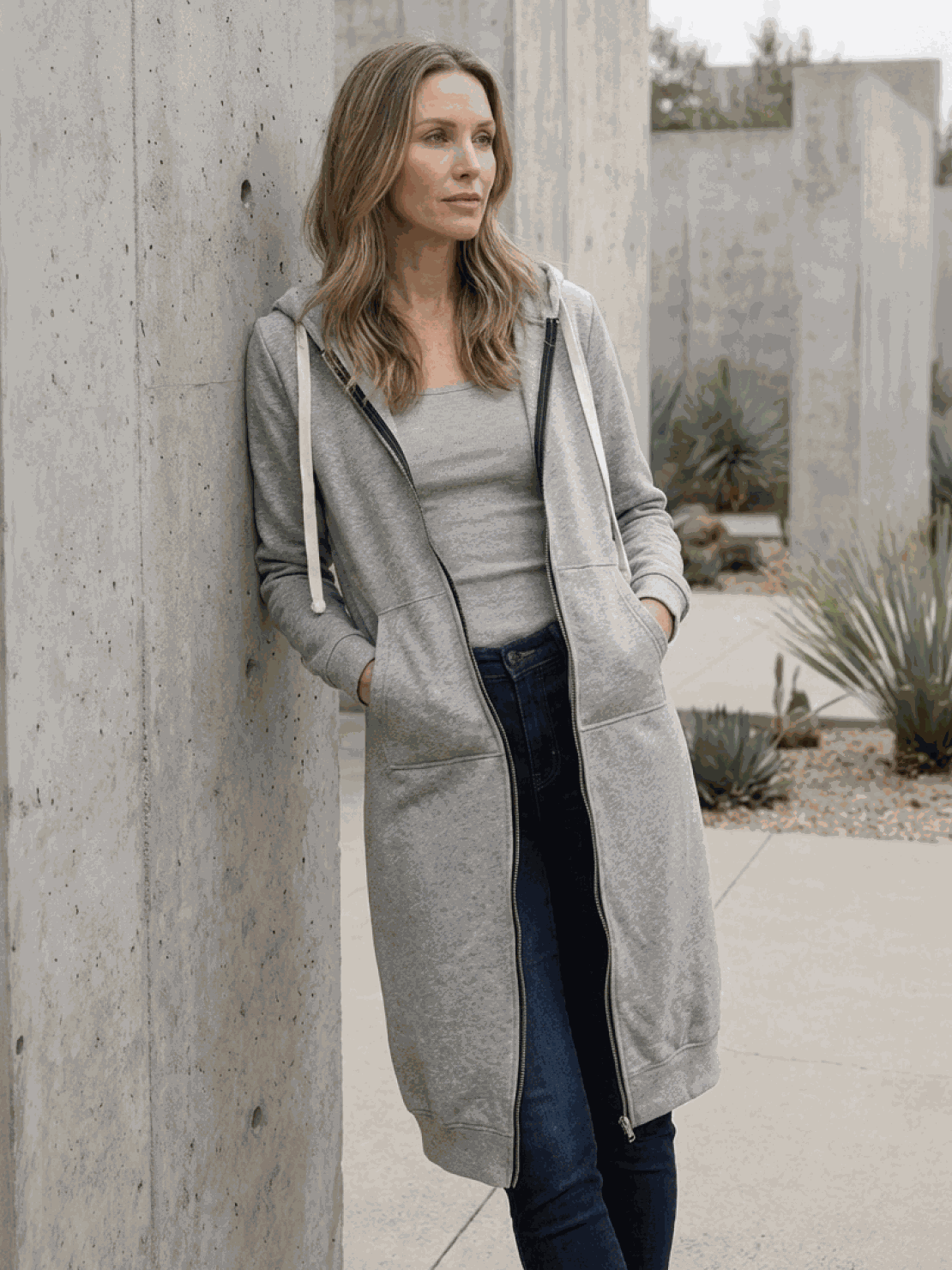 Oversized long zip sweatshirt hoodie with fleece lining and drawstring hood in solid color