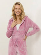 Modern cropped velour tracksuit set with high-waist pants and plush texture