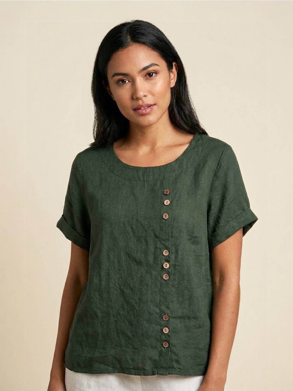 Relaxed Fit Linen Button-Up Tee with breathable cotton linen fabric, short sleeves, round neck, and stylish button detail
